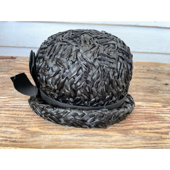 Vintage 1960s Black Raffia Straw Raffia Cloche' Womens Hat MOD - Picture 8 of 13